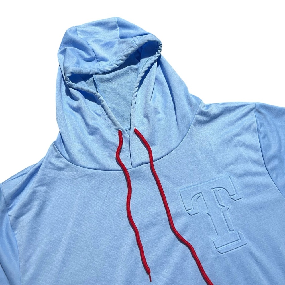 Texas Rangers Embossed Short Sleeve Hoodie Powder Blue SIZE XL Giveaway 5-4-25